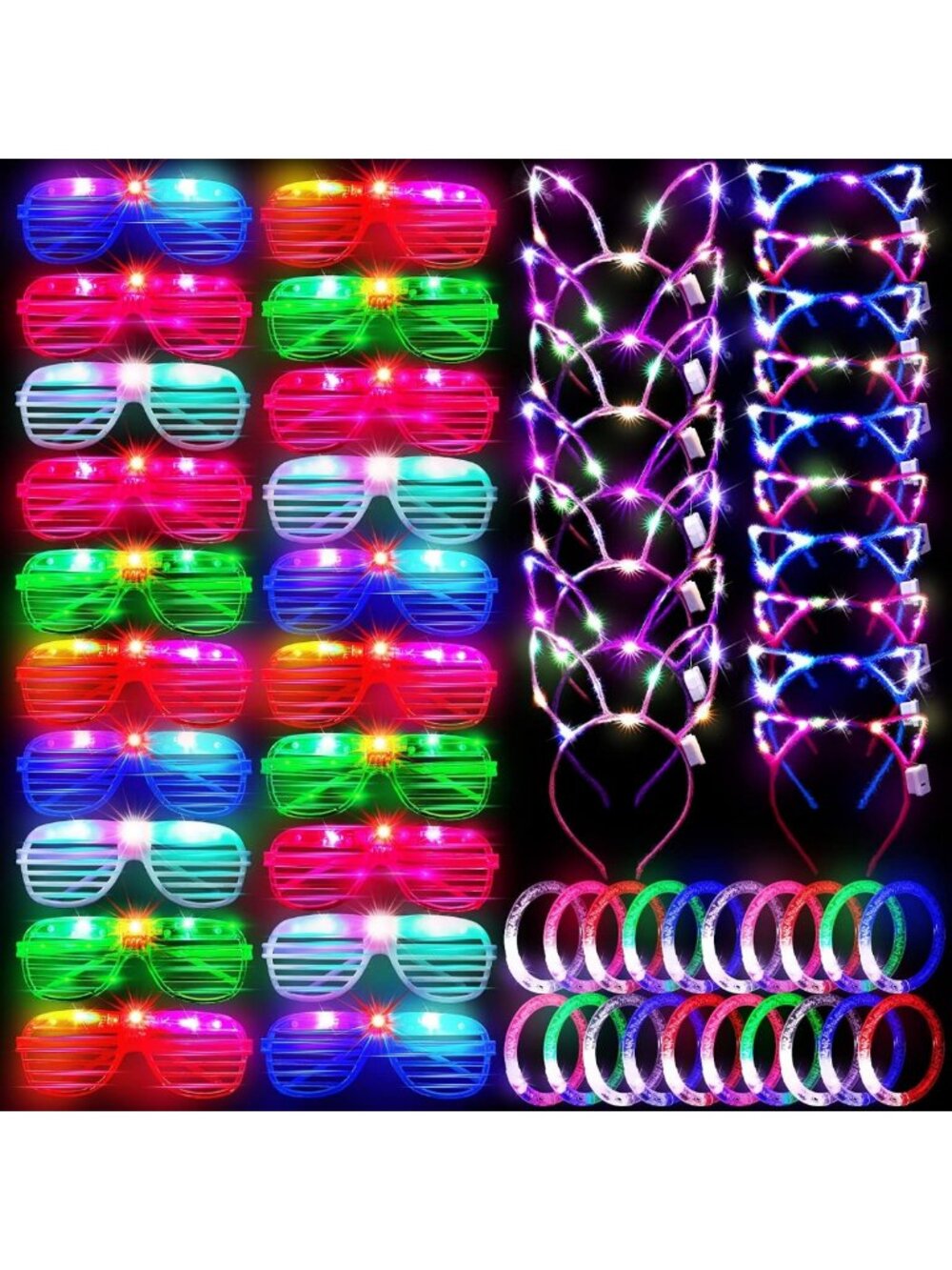 60 Glow in the Dark Party Supplies - LED Glasses, Headbands & Bracelets Favors